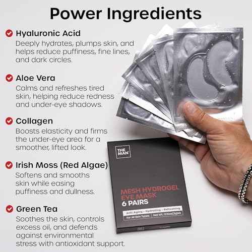 The Man Mesh Hydrogel Under Eye Patches for Men - Cooling, Hydrating & Firming Eye Masks for Dark Circles & Puffiness - Men's Anti-Aging Patches with Hyaluronic Acid, Collagen & Vitamin E. (24 Pairs)