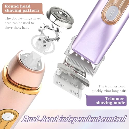 WNJ 2 in 1 Women Electric Shaver - Dual Head Bikini Trimmer - IPX7 Waterproof - Wet & Dry Use - Body Hair Trimmer and Facial Hair Remover for Bikini, Underarm Leg, Private Area, Arm, Body, Face