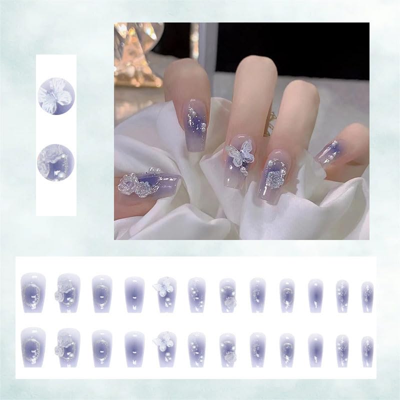 Press nails, Square fake nails, HUIYUNTIANreusable acrylic fake nails, Aurora Butterflies, gifts for girls and girls, gel nail sets