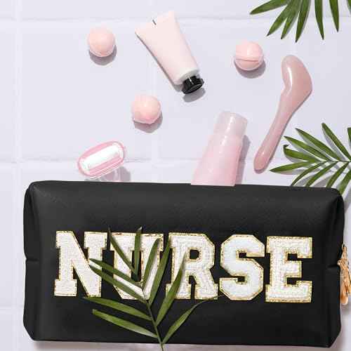 CY2SIDE NURSE Letter Makeup Bag - White Chenille Letter Patch Cosmetic Bag Black PU Leather Patch Travel Pouch Waterproof Portable Zipper Travel Organizer Case Christmas Gifts for Nurse Women