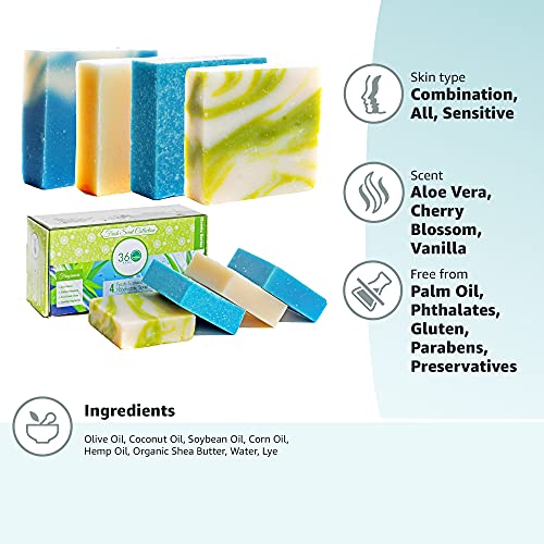 360Feel Fresh Scent Handmade Soap Collection - Aloe Vera, Cotton Blossom, Spring Scrub, Cool Water - Natural Exfoliating Bar Soap - 4 Count (Pack of 1)