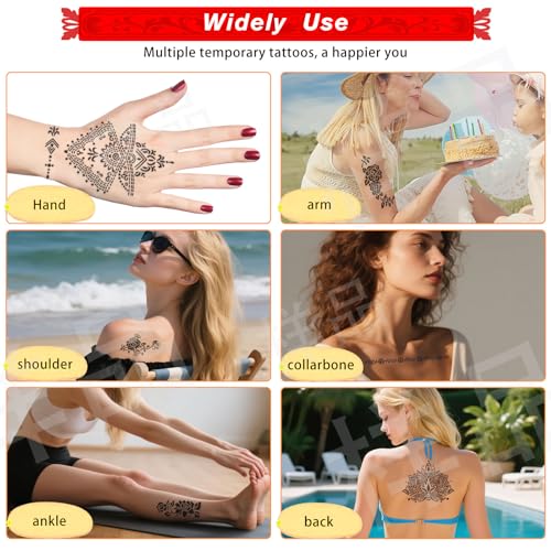 7PCS Tattoo Cones Temporary Tattoo Kit,4Color(2*Brown,2*Maroon,2*Cherry Red &1*Black) Ink with Large Designs Stencils,Separate Bottle with 4 Bottle Mouths,DIY Body Art Painting for Women Men Kids
