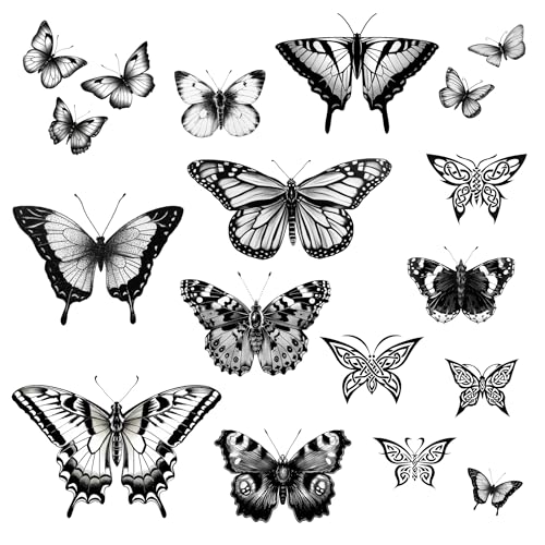 One Grace Small Butterfly Temporary Tattoos - Realistic Black and White Butterflies and Celtic Butterfly Long Lasting Tattoos for Men and Women
