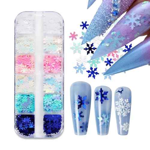 12 Grids Christmas Nail Art Glitter Sequins 3D Holographic Winter Snowflake Nail Art Glitter Flakes White Blue Pink Green Snowflake Designs Xmas Nail Decorations for Acrylic Nails Supplies