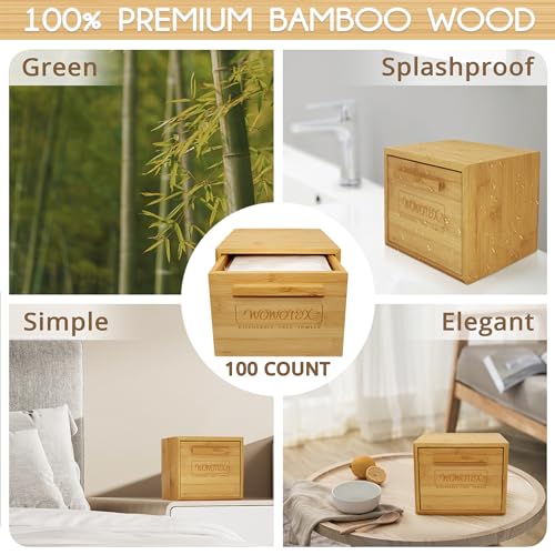 WOWOTEX Luxe Bamboo Towel Container (Bamboo Box Towel Holder) with Disposable Face Towel Biodegradable Large Dry Face Wipes 100 Count Extra Thick Soft Clean Facial Towels for Facial Cleansing