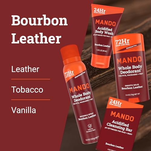 Mando Whole Body Starter Kit - 2.6oz Solid Stick, 3.6oz Spray, 1.5oz Acidified Body Wash, 5oz Acidified Cleansing Bar, 15ct Deodorant Wipes - Aluminum Free Odor Control - 5 pc Bundle (Bourbon Leather)
