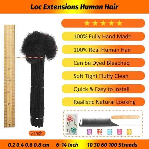 6 Inch Loc Extensions Human Hair Dreadlock Extensions Human Hair Loc Extensions Dreads Extensions for Men Women Kids 0.4 cm 60 Strands Real Human Hair Locs 1B Natural Black Handmade Permanent Locs