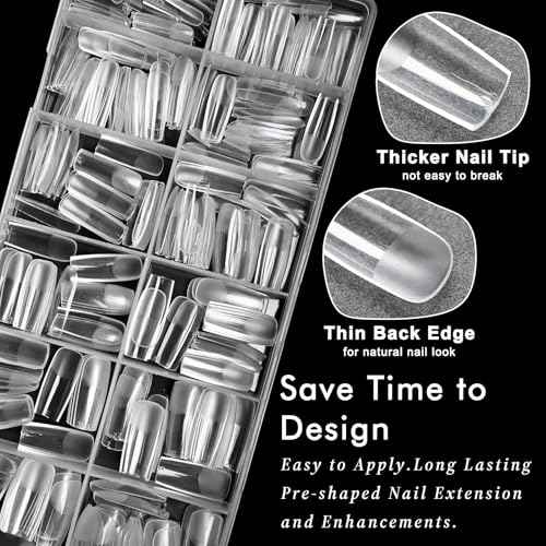 AddFavor Long Square Nail Tips, 300pcs Gel Nail Tips Square Long Fake Nails, Full Cover Clear 15 Size Acrylic Nails Tips for Nail Extensions, Press on Nails Making
