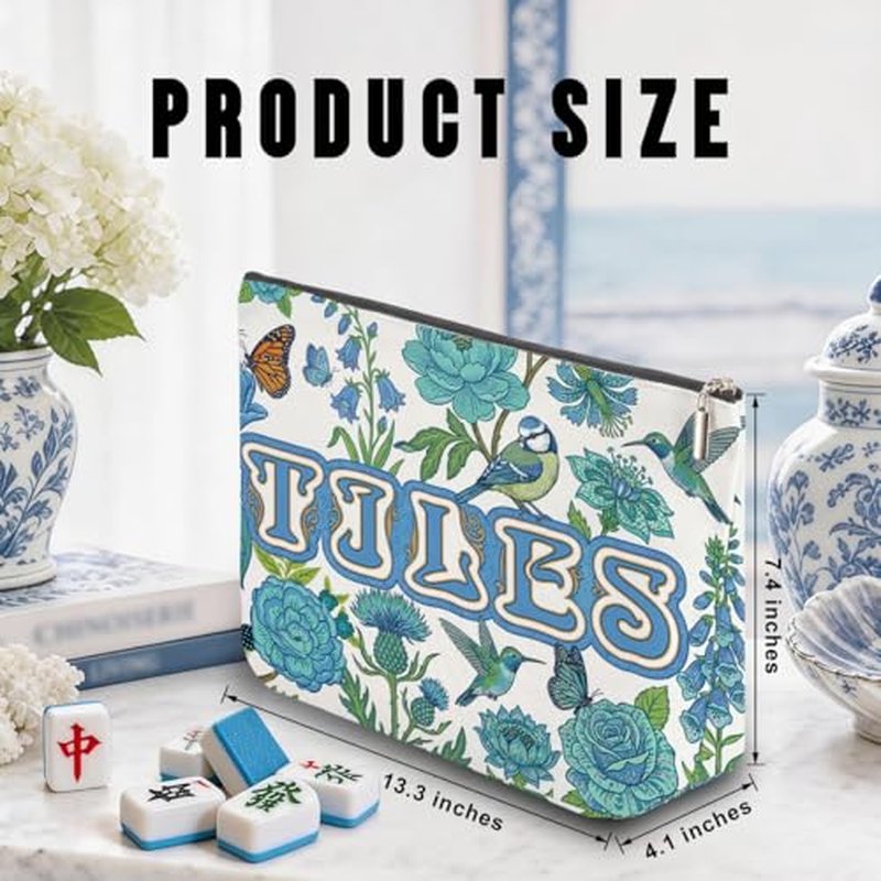 Blue Leaves Mahjong Tile Bag - Durable Canvas with Zipper