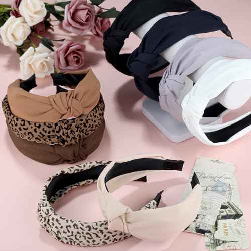 Funtopia Headbands for Women, 9pcs Fashion Knotted Headband Leopard Print Knot Hairband, Cute Wide Headbands for Women Girls Hair Accessories Set(Brown Black White)