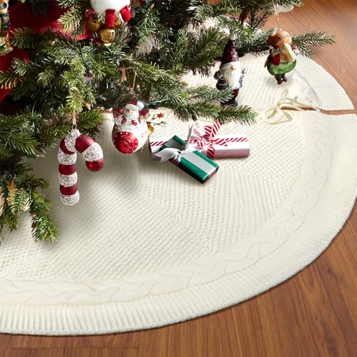 Knitted Christmas Tree Skirt 48 inches - Cream Cable Knit Christmas Tree Skirt - Thick Rustic Farmhouse Christmas Tree Skirt Decorations - Xmas Holiday Home Party Decor(Cream)