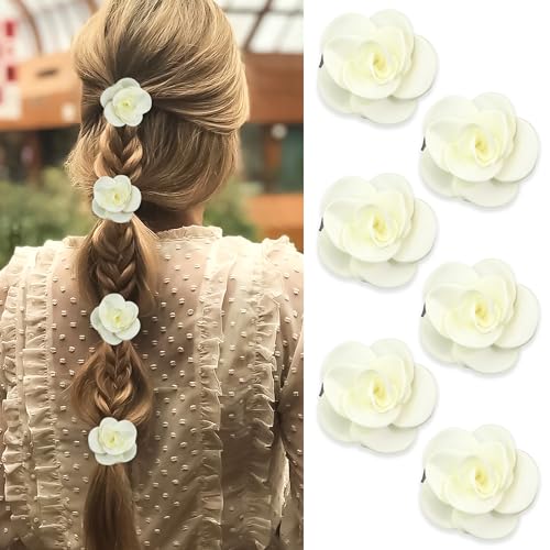 YAEISM 6PCS Beige Flower Hair Clips Small Satin Rose Hair Pins Elegant Bridal Hair Flowers Off White Floral Decoratives Claw Clip Wedding Hair Accessories for Women Girls