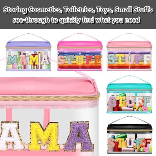 Chenille Letter Patches Clear Makeup Bags Stuff Purse Pouch, Preppy Nylon Cosmetic Toiletry Storage Bag with Handle Zipper, Waterproof PVC Portable Makeup Travel Pouch for Women Girls(Black/STUFF)