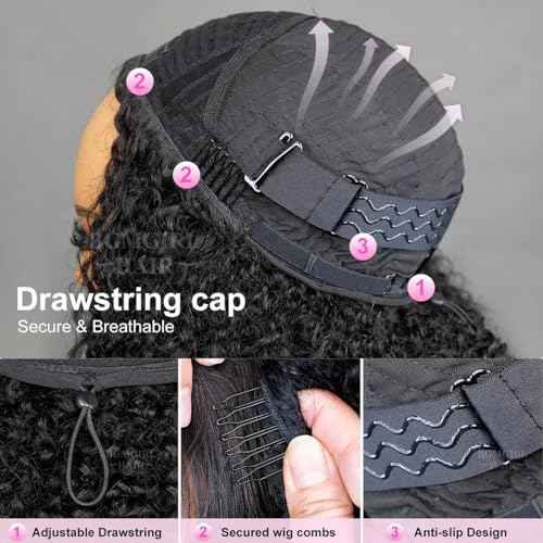 BGM GIRL Half Wig Human Hair Kinky Curly 3 in 1 Wigs Beginner Friendly Flip Over Drawstring Glueless Wig Kinky Curly Ready to Go Seamless Clip in Wigs Natural Black Color 22 Inch
