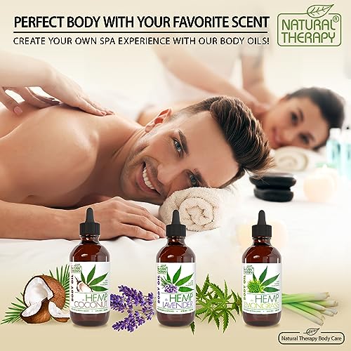 Natural Therapy Body Oil with Hemp & Coconut - Dry Skin Moisturizer and Hydrating Massage Oil - Increase Skin Elasticity and Provide Anti-Aging Support for Face and Body (4 fl.oz)