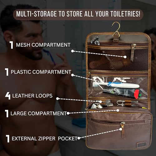 RUSTIC TOWN Leather Hanging Toiletry Bag for Men - Travel Shaving Dopp Kit - Bathroom Shower Toiletries Organizer - Leather Cosmetic Makeup Bag for Women