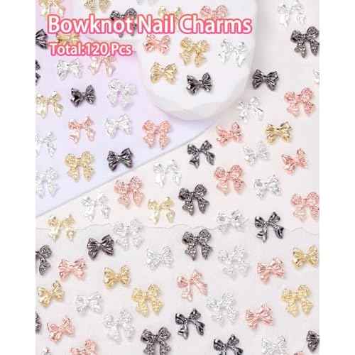 120 Pcs Alloy Bow Nail Charms and Gems, Silver Gold Black Bowknot Metal Nail Art Charms, Shiny Luxury Cute Bow Nail Jewelry for Nails Design Manicure Accessories