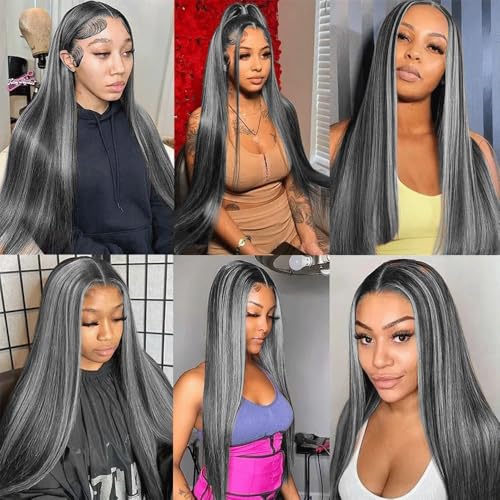 Fridnae Grey P1BGrey Straight Human Hair Bundles 3-Pack 30 32 34 Inch Ombre Silver & Black