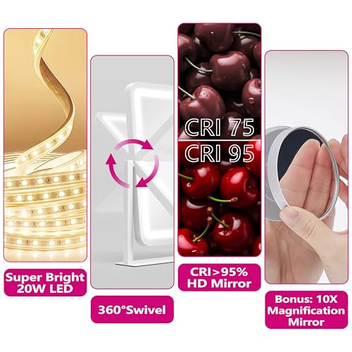 Hollywood Vanity Mirror with Lights, 17" L x 13" W LED Lighted Makeup Mirror, Dimmable & Three Color Lighting Modes, 10X Magnification Mirror, CRI>95% HD, 20W High Brightness (96 LED)