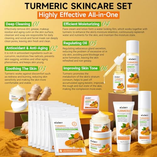 15 PCS Turmeric Skin Care Set - Turmeric Skin Care Kit Long-Lasting Moisture, Oil Control & Smooth Skin - With Cleanser, Soap, Scrub,Toner, Face Oil, Eye Cream, Lotion, Cream & Facial Masks