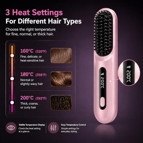 Cordless Hair Straightening Brush - Portable Heated Comb, 3 Temperature Settings, USB-C