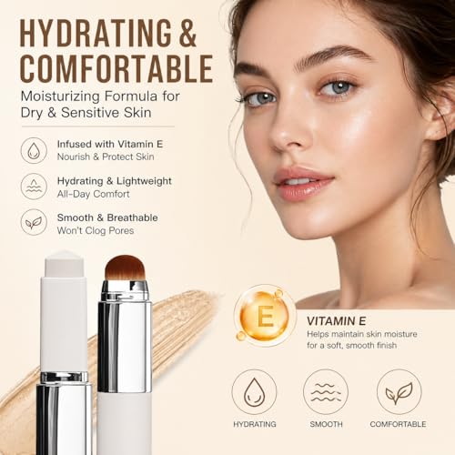 Tryskintle Dual-Ended Foundation Stick with Brush - Full Coverage, Hydrating Makeup for Dry Skin