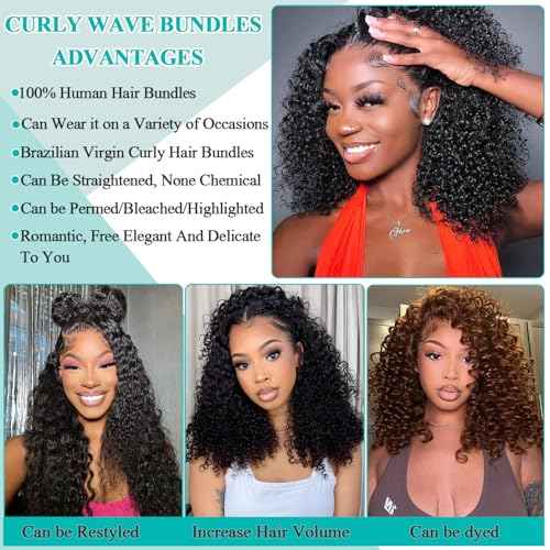 Liang Dian Curly Bundles Human Hair 16 16 18 18 Inch Kinkycurly Bundles Human Hair for Black Women 100% Unprocessed 12A Brazilian Virgin Hair Quick Weave Extensions Natural Black