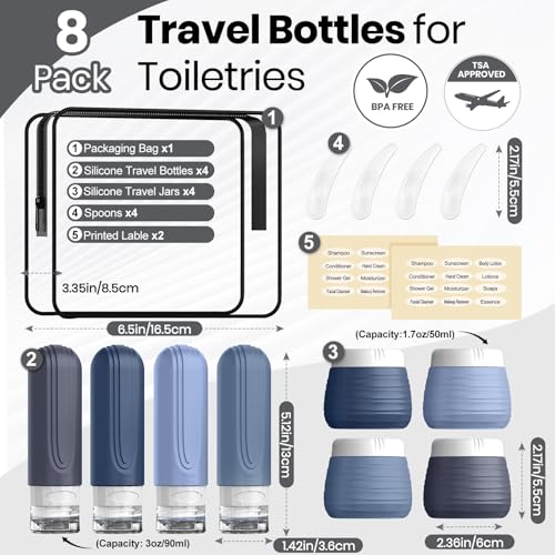 Travel Toiletry Bottles 8 Pack - TSA Approved Silicone Containers Kit with Jars & Labels
