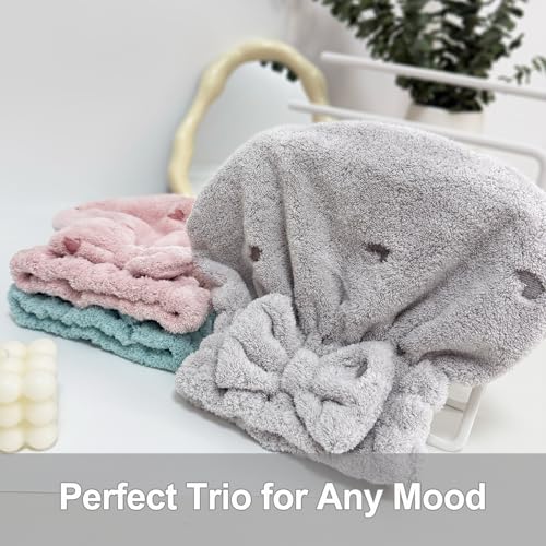 Jseng 3-Pack Microfiber Hair Towel Wrap with Bow