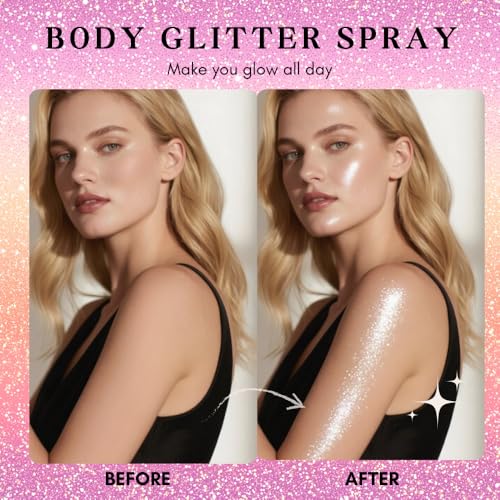 Silver Body Glitter Spray, Hair Glitter Spray, Body Shimmer Powder, Face Glitter Highlighter, Glitter Spray, Body Shimmer Spray for Skin, Rave Hairspray for Festival Party Halloween