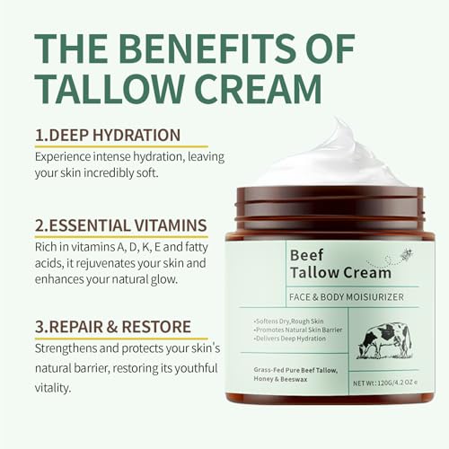 2 Pcs Beef Tallow for Skin, Organic Grass-Fed Beef Tallow and Honey Balm Natural Deep Moisturizing Face and Body Nourishing Care.8.4 Oz