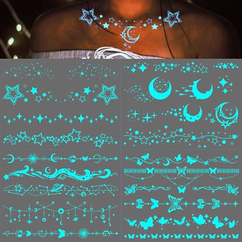 Glow In The Dark Temporary Tattoos - 4 Sheets Luminous Star Moon