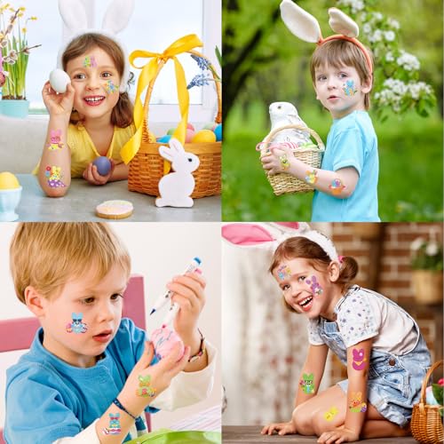 HOWAF 96pcs Easter Bunny Peeps Temporary Tattoos, Rabbits Tattoo Stickers for Kids Easter Party Supplies, Easter Eggs Tattoo Stickers Easter Face Tattoos Easter Gift Bag Filler