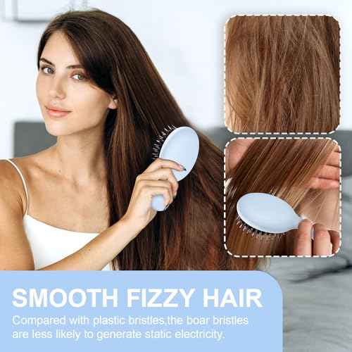Mini Boar Bristles Hair Bursh, Travel Size Hair Brush for Women Men Kids, Protable Small Hair Brushes for Pockets Purses, Mini Hair Brush for Smooth Add Shine (1 Pack-Blue)