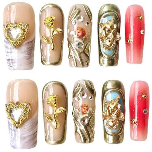 Handmade Press On Nails Square Little Angel Design - Luxury Gold Vintage False Nails with 3D Floral Hearts, Reusable Acrylic Nail Tips for Bridal/Birthday Gift (Gold angel, L)