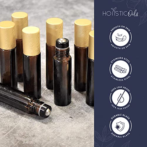 12-Pack 10ml Amber Glass Roller Bottles with Brushed Gold Leakproof Caps ? Premium Empty Roll-On Bottles for Essential Oils, Perfumes, Serums, DIY Aromatherapy & Beauty Products