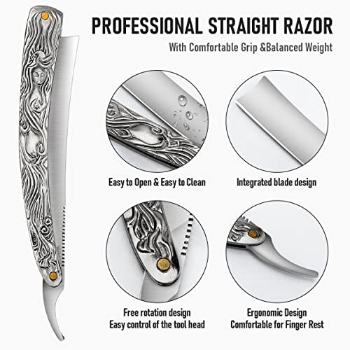 Professional Straight Razor with First Layer Cowhide Strop - Straight Edge Barber Razor Premium Stainless Steel Shaver Razor for Men Home & Salon Grooming Using