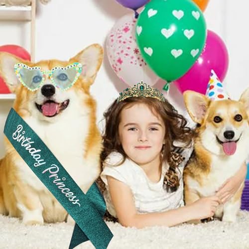 Green Birthday Princess Tiara Crown & Sash Set for Women Girls