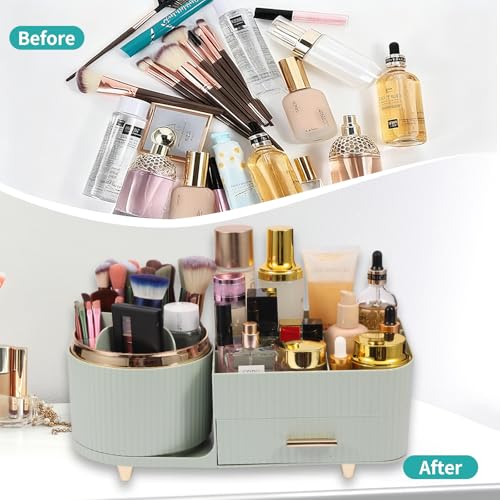 Makeup Organizer Countertop with Drawer 360 Rotating Brush Holder Storage Large Capacity Skincare Cosmetic Display Cases for Vanity Bathroom Desktop, Model 3016 Green