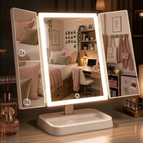 CALEPOP White Rechargeable Trifold Lighted Makeup Mirror 1X/2X/3X Magnification