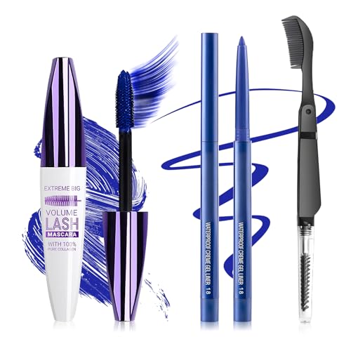 Blue Mascara and Eyeliner Set,5D Colored Mascara Volume and Length Waterproof,Natural Curling Lengthening,Suitable for Women Eye Makeup