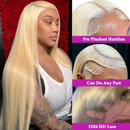 32 Inch 613 13x6 Lace Front Wigs Human Hair Straight Blonde Wig 180% Density 613 Lace Front Wig Human Hair for Women, Pre Plucked, Minimal Shedding, Soft Texture, Natural Look for Daily Wear