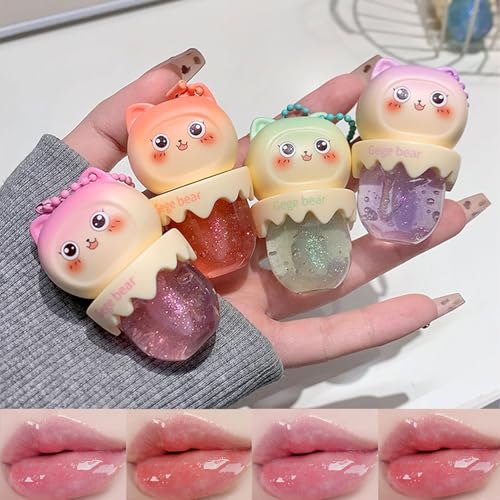 4 Colors Shimmer Lip Gloss Set,Moisturizing Lip Oil Light Cute Lipgloss,Fruit Flavored Hydrating Glass Lip Glow Oil Kit,Tinted Lip Transparent Balm Makeup