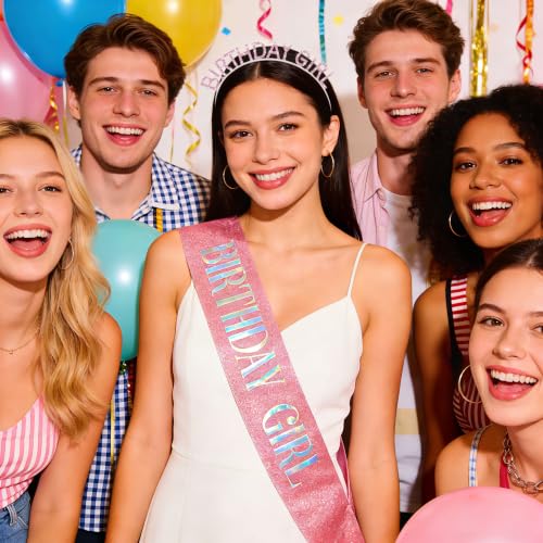 Pink Birthday Crown and Sash Set for Women