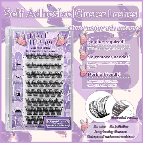 MayIFindYou New 2024 Self Adhesive Eyelashes 48Pcs Reusable Press On Lashes No Glue Needed Self Adhesive Lash Clusters Pre-Glued Eyelashes DIY Lash Extension for Beginners (D-8-16MIX, A01 Ragdoll)
