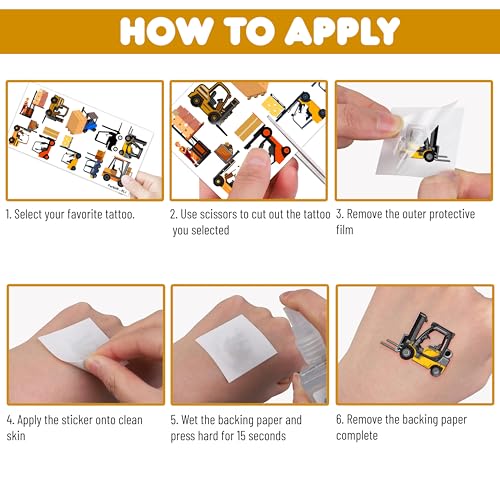 100 PCS Construction Temporary Tattoos - Forklift Dump Truck Crane