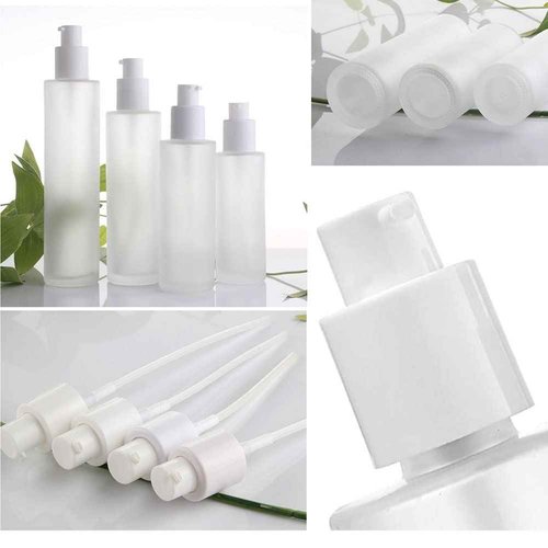 2PCS 120ml/4oz Empty Clear Frosted Glass Cosmetic Lotion Bottle with Plastic Wood-Grain Lid Refillable Travel Toiletries Container Pump Dispenser Vials Pot Jars for Foundation Emulsion Oil (Pack of 2)