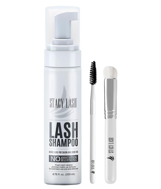 STACY LASH 6.76 fl.oz / 200ml Eyelash Extension Shampoo + Brush/Eyelid Foaming Cleanser/Wash for Extensions & Natural Lashes/Safe Makeup Remover/Supplies for Professional & Home Use