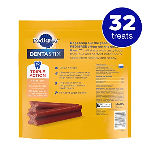 PEDIGREE DENTASTIX Large Dog Dental Treats Bacon Flavor Dental Bones, 1.72 lb. Pack (32 Treats)