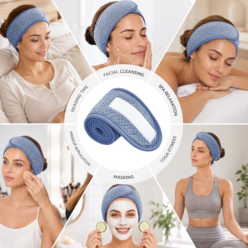 Spa Headband 4 Pack, Terry Cloth, Adjustable, Dark Blue